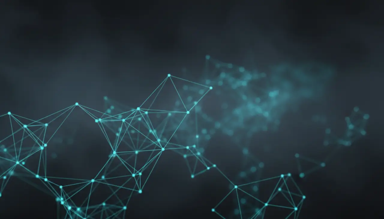 Sparse three-dimensional lattice of luminous cyan nodes receding into black