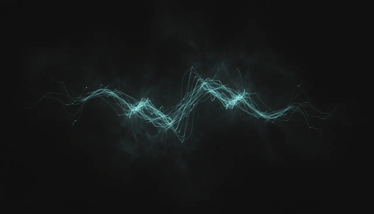Fine cyan light filaments threading through dark volumetric haze